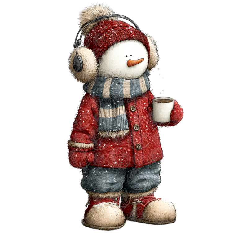 snowman mug character in red coat holding hot drink, fluffy earmuffs and striped scarf, Grey Barn Handwerk, Saskatchewan.